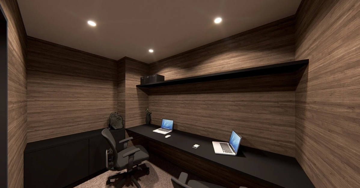 木目調の壁と黒い家具で統一されたモダンなワークスペース