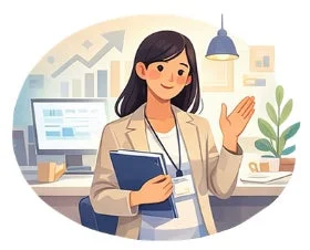 笑顔の女性が書類を持ち、手で何かを説明している様子