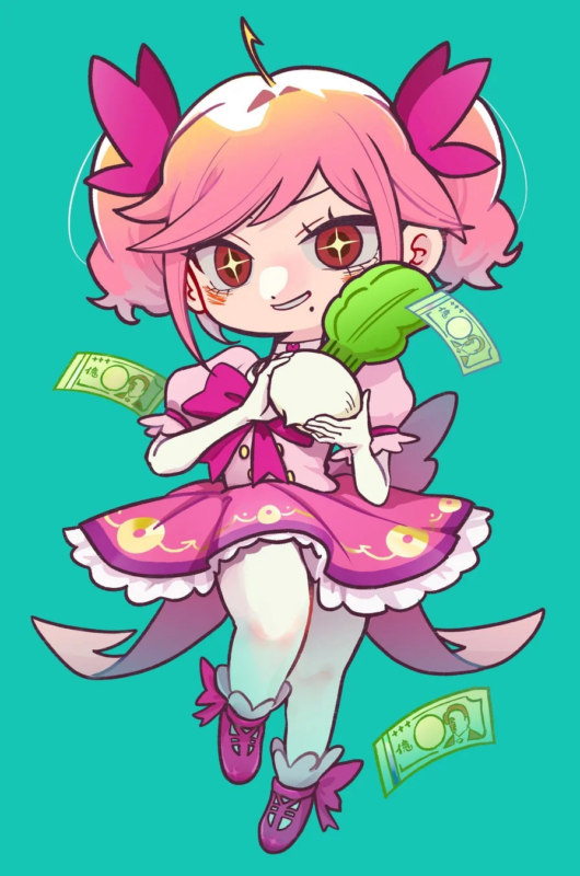 ピンクの髪とドレスをまとったちびキャラの少女が描かれています。少女は不敵な笑みを浮かべ、ドクロと緑色の野菜を持ち、周囲には「億」と書かれた札束が舞っています。可愛らしくもどこか強欲な雰囲気のあるイラストです。