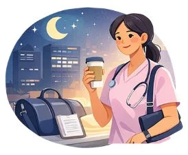 夜勤中の看護師がコーヒーを片手に休憩している様子