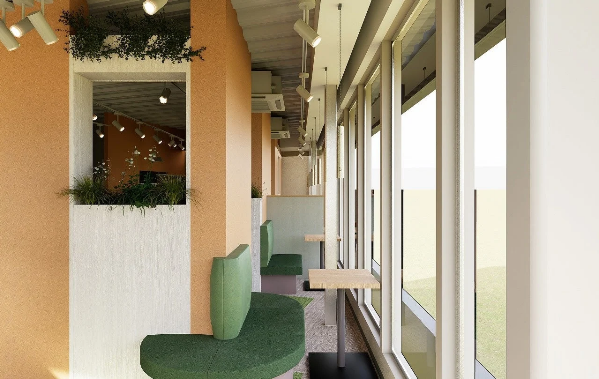 モダンな内装のカフェまたはレストランの内部空間