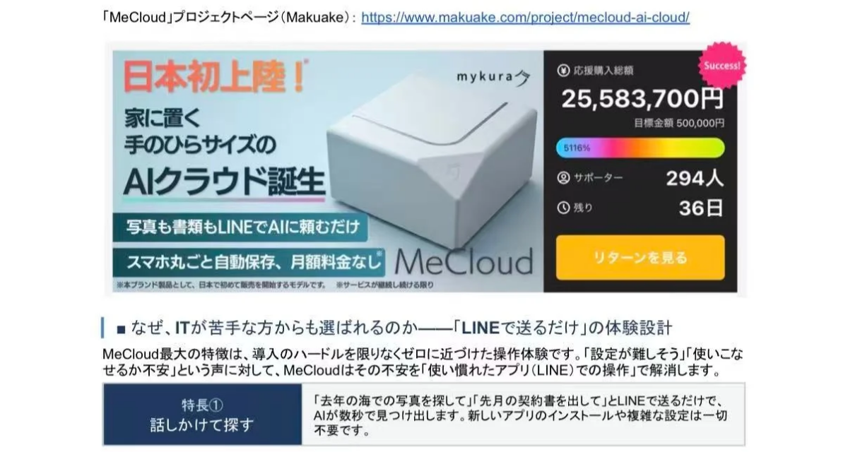 Makuake 総合ランキング1位を獲得した「MeCloud」