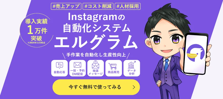 Instagram自動化システム「エルグラム」の広告画像。売上アップ、コスト削減、人材採用のメリットを訴求し、導入実績1万件を強調。自動応答、DM配信、商品販売、データ分析などの機能を提示し、無料利用を促している。