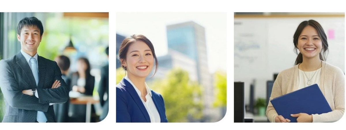 笑顔でポーズをとる3人のビジネスパーソン