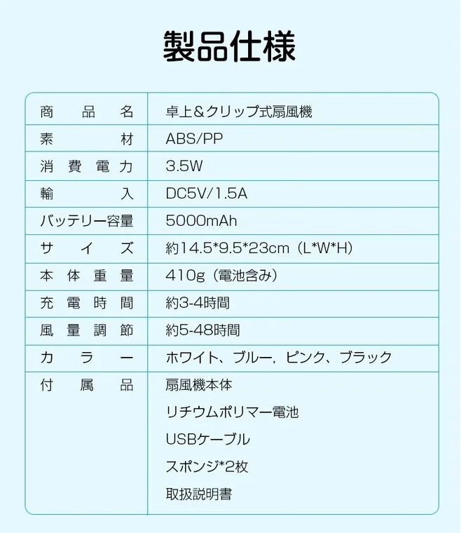 卓上とクリップ式の両方で使える扇風機の製品仕様が記載されています。素材、消費電力、バッテリー容量、サイズ、重量、充電・稼働時間、カラー、付属品などの詳細情報が一覧で示されています。