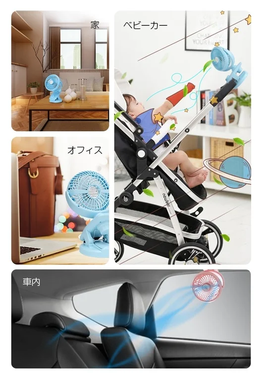 この画像は、クリップ式のポータブル扇風機が様々な場所で活用されている様子を示しています。自宅、オフィス、ベビーカー、車内といったシーンで、涼しさをもたらす便利なアイテムとして紹介されています。