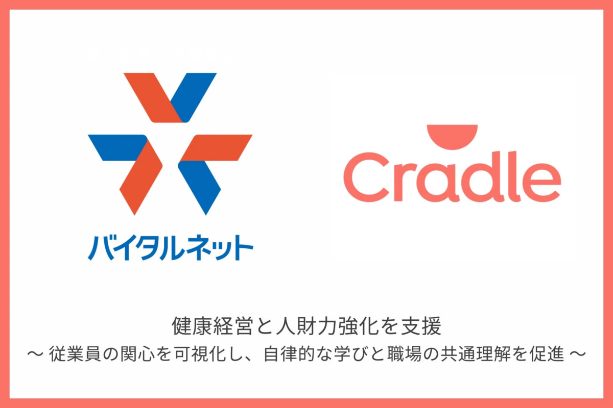 バイタルネットとCradleのロゴ、健康経営と人材力強化のテーマ