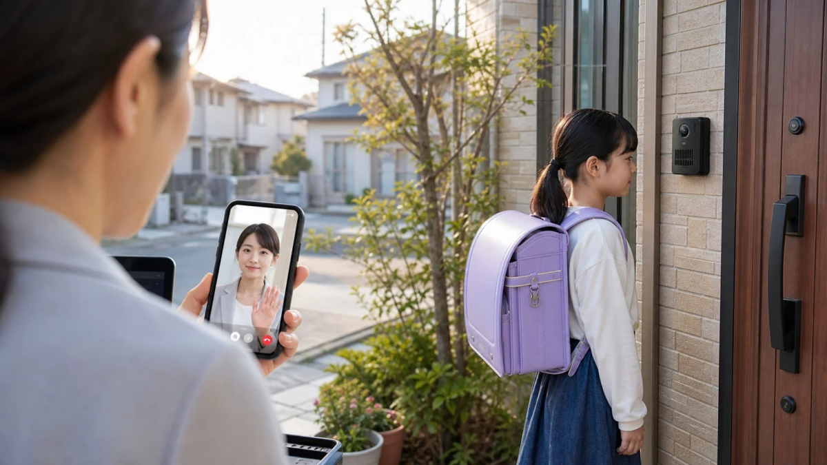スマホでビデオ通話をする女性が、玄関でランドセルを背負った子供とインターホン越しに会話