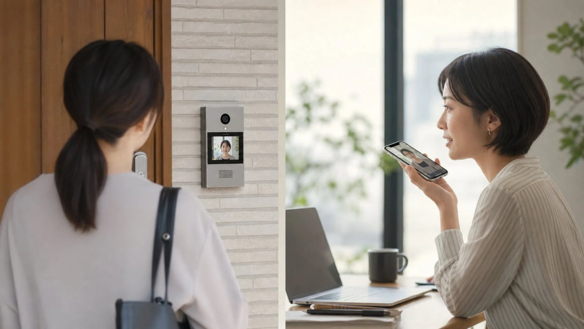 玄関のスマートインターホンとスマートフォンを使い、来客対応をする女性