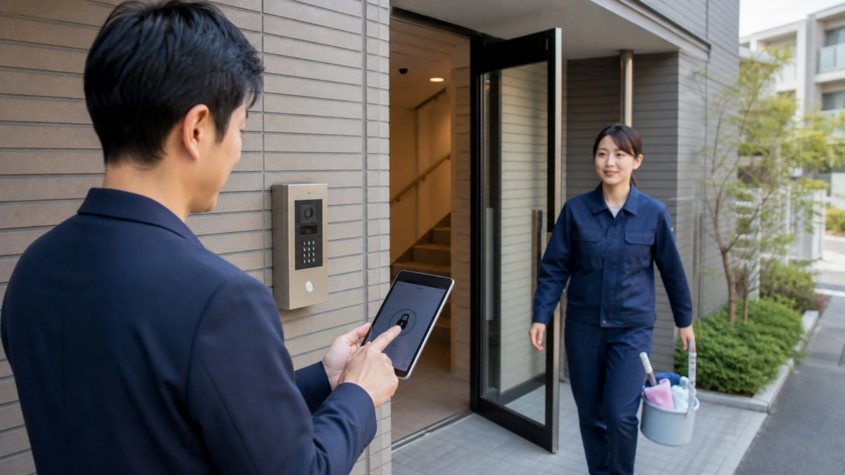 男性がタブレットを使ってマンションのエントランスドアを開錠