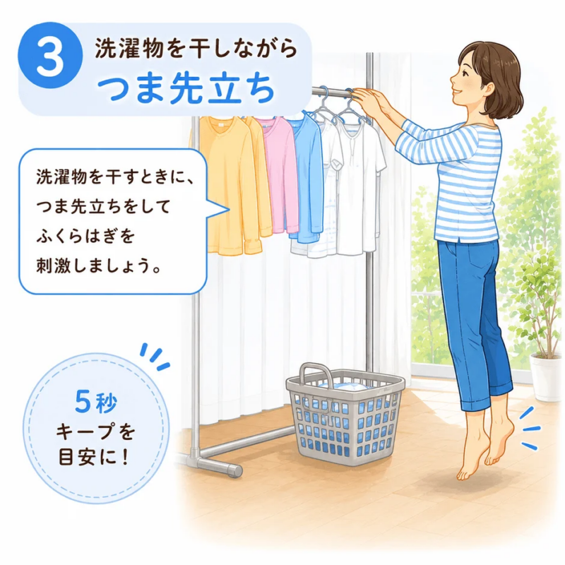 洗濯物を干しながらつま先立ちのイラスト
