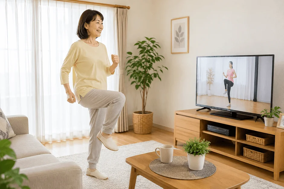 リビングで運動するシニア女性の様子