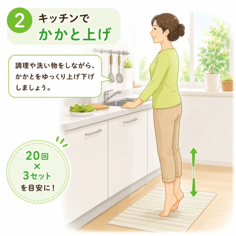 キッチンでかかと上げのイラスト