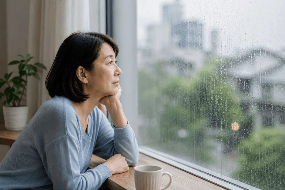 窓の外の雨を眺める中年女性の姿