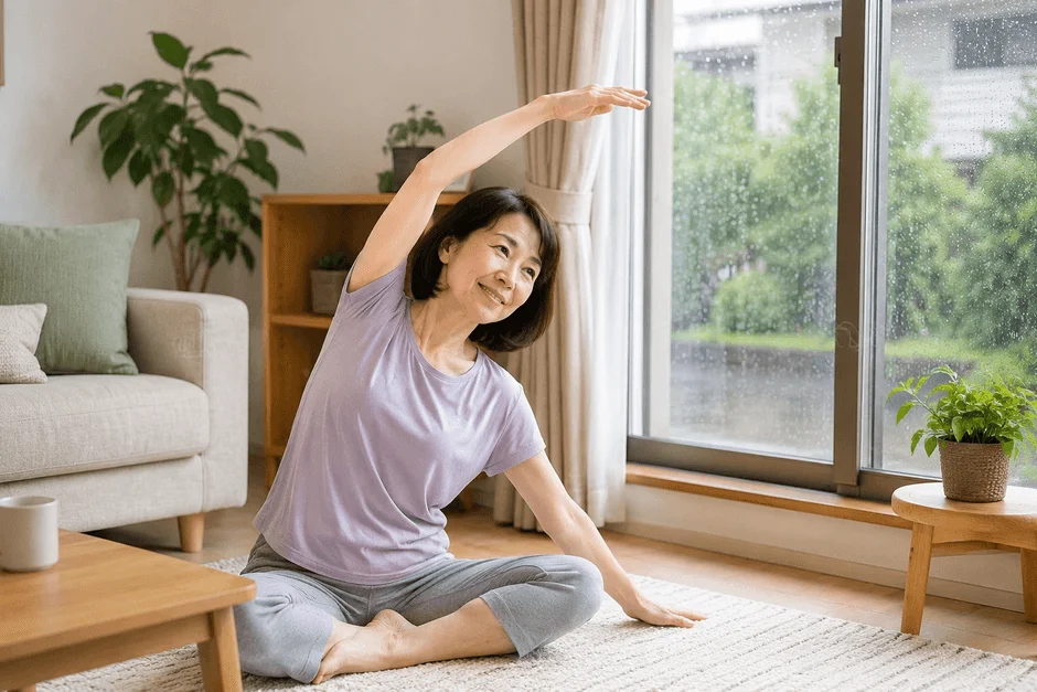 自宅でヨガやストレッチをする女性